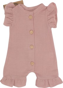Muślinowy rampers niemowlęcy dla dziewczynki. Przewiewny dziewczęcy rampers z falbankami.  Rampers muślinowy w kolorze brudnego różu dla małej dziewczynki.