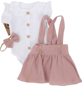 Komplet muślinowy na chrzest spódniczka z szelkami. Przewiewny komplet dla dziewczynki na lato. Muślinowy zestaw: body, opaska i spódniczka na szelkach.