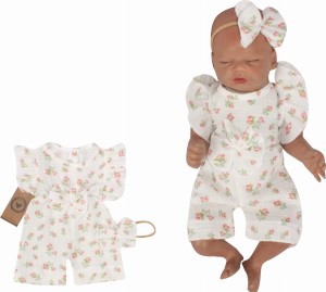 Muślinowy kombinezon niemowlęca z falbankami. Przewiewny dziewczęcy rampers. Kombinezon na lato z opaską dla niemowlaka. Biały rampers muślinowy w kwiaty dla małej dziewczynki.