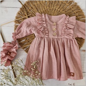Sukienka muślinowa z długim rękawem brudny róż dla niemowlaka