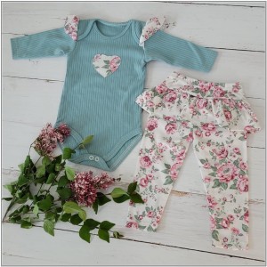 2 częściowy zestaw komplet body + legginsy ze spódniczką w kwiaty miętowy