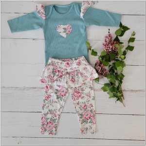 2 częściowy zestaw komplet body + legginsy ze spódniczką w kwiaty miętowy
