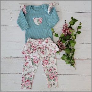 2 częściowy zestaw komplet body + legginsy ze spódniczką w kwiaty miętowy