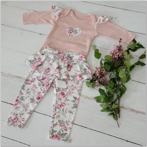 2 częściowy zestaw komplet body + legginsy ze spódniczką w kwiaty brudny róż