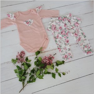 2 częściowy zestaw komplet body + legginsy ze spódniczką w kwiaty brudny róż