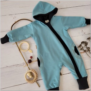 Kombinezon bawełniany dwuwarstwowy cieplutki na wiosnę i lato bez stóp dla noworodka kolor morski
