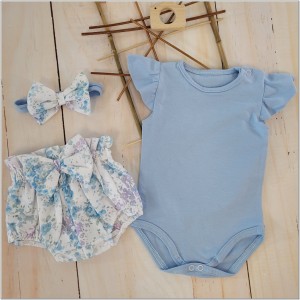 Zestaw na lato dla dziewczynki. Bloomersy, body z krótkim rękawem i opaska na lato dla dziewczynki.  Bawełniany letni komplet dla niemowlaka.  Komplet na prezent dla dziewczynki.