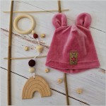 Welurowa czapka niemowlęca z uszkami  56-86 brudny róż