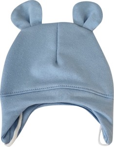 Czapka dresowa wiązana dla niemowlaka. Bawełniana czapeczka wiązana z uszkami. Okrycie główki dla niemowlaka na wiosnę, jesień. Niebieska czapka wiązana z uszkami dla bobasa.