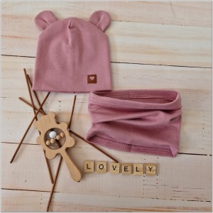 Podwójna czapka z uszkami w komplecie z kominem dla noworodka. Wrzosowy komplet dla niemowlaka. Czapka na wiosnę, lato, jesień dla noworodka.