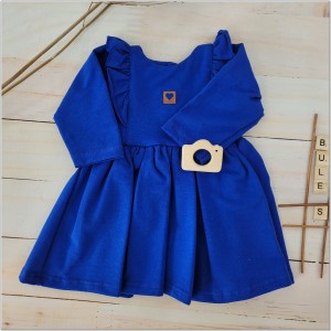 Bawełniana, wygodna sukienka niemowlęca szafirowa, niebieska. Modna dresowa sukienka dla dziecka na wesele, uroczystości