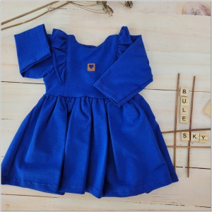 Bawełniana, wygodna sukienka niemowlęca szafirowa, niebieska. Modna dresowa sukienka dla dziecka na wesele, uroczystości