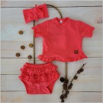 3cz zestaw komplet lato bluzeczka +bloomersy+opaska z falbankami malinowy ostatnie sztuki 56-80