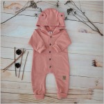 Bawełniany dresowy Kombinezon z kapturem pajac  koralowy róż z guzikami ostatnie sztuki 56, 74, 80,86