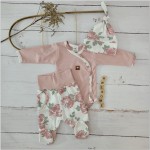 3cz KOMPLET WYPRAWKA wygodny dresik do szpitala 50-62 kwiaty ecru