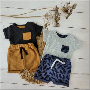 Wygodny bawełniany 2 częściowy komplet na lato dla niemowlaka tshirt-spodenki  cynamon +czarny .Idealny na letnie dni dla maluszka.