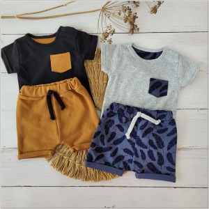 Wygodny bawełniany 2 częściowy komplet na lato dla niemowlaka tshirt-spodenki  cynamon +czarny .Idealny na letnie dni dla maluszka.
