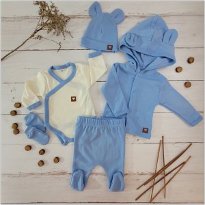 Wyprawka bawełniana 5 częściowa na wyjście ze szpitala. Wyprawka dla noworodka w kolorze błękitnym