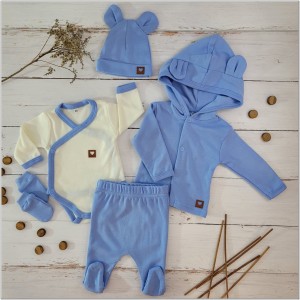 Wyprawka bawełniana 5 częściowa na wyjście ze szpitala. Wyprawka dla noworodka w kolorze błękitnym