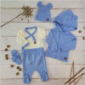 Wyprawka bawełniana 5 częściowa na wyjście ze szpitala. Wyprawka dla noworodka w kolorze błękitnym