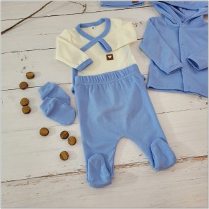 Wyprawka bawełniana 5 częściowa na wyjście ze szpitala. Wyprawka dla noworodka w kolorze błękitnym