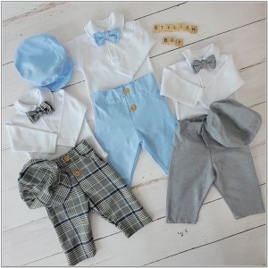 Elegancki  komplet w kratkę chłopięcy na chrzest, wesela, uroczystości Elegancki zestaw: bawełniane body,  elastyczne spodnie, muszka, czapka. Modny garniturek dla chłopca.