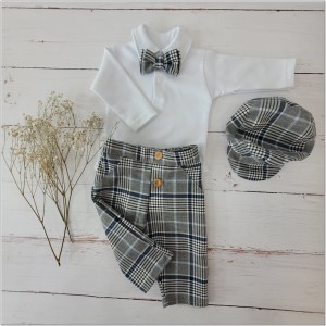 Elegancki  komplet w kratkę chłopięcy na chrzest, wesela, uroczystości Elegancki zestaw: bawełniane body,  elastyczne spodnie, muszka, czapka. Modny garniturek dla chłopca.