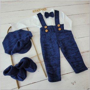 Granatowy komplet 5 częściowy z szelkami na chrzest