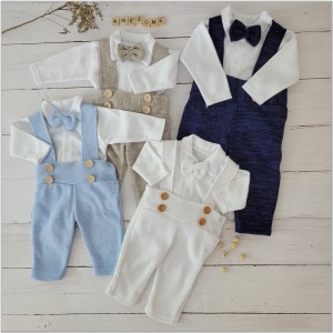 Błękitny komplet 5 częściowy z szelkami na chrzest