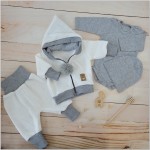 Włóczkowy 4 cz dres baggy niemowlęcy kolor biało-szary ostatnie sztuki 62, 68, 74, 86