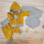 Włóczkowy 4 cz dres baggy niemowlęcy kolor musztardowo-szary ostatnie sztuki 56-86