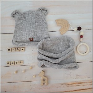 Komplet włóczkowy dla niemowląt, dzieci. Beżowy komplet włóczkowy dla dzieci. Czapka z uszkami + tuba dla noworodka.  Komplet wiosna, jesień dla niemowląt.