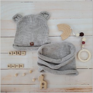 Komplet włóczkowy dla niemowląt, dzieci. Beżowy komplet włóczkowy dla dzieci. Czapka z uszkami + tuba dla noworodka.  Komplet wiosna, jesień dla niemowląt.