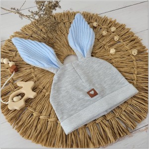 Czapka dresowa z uszami królika dla niemowlaka. Unikalna czapka dla noworodka szaro-niebieska. Całoroczna czapeczka dla niemowląt. Komplet czapka+tuba dla noworodka.