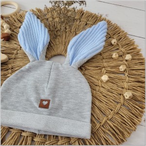 Czapka dresowa z uszami królika dla niemowlaka. Unikalna czapka dla noworodka szaro-niebieska. Całoroczna czapeczka dla niemowląt. Komplet czapka+tuba dla noworodka.