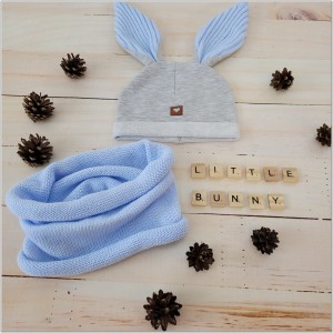 Czapka dresowa z uszami królika dla niemowlaka. Unikalna czapka dla noworodka szaro-niebieska. Całoroczna czapeczka dla niemowląt. Komplet czapka+tuba dla noworodka.