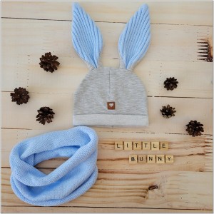 Czapka dresowa z uszami królika dla niemowlaka. Unikalna czapka dla noworodka szaro-niebieska. Całoroczna czapeczka dla niemowląt. Komplet czapka+tuba dla noworodka.