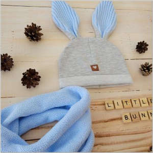 Czapka dresowa z uszami królika dla niemowlaka. Unikalna czapka dla noworodka szaro-niebieska. Całoroczna czapeczka dla niemowląt. Komplet czapka+tuba dla noworodka.