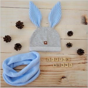 Czapka dresowa z uszami królika dla niemowlaka. Unikalna czapka dla noworodka szaro-niebieska. Całoroczna czapeczka dla niemowląt. Komplet czapka+tuba dla noworodka.