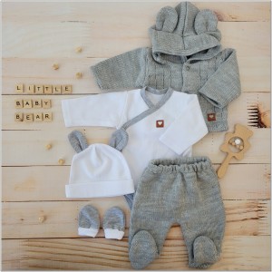 Wyprawka włóczkowa szara. Kompletna wyprawka.  Włóczkowa wyprawka. Wyprawka do szpitala. Zestaw dla noworodka. Wyprawka na prezent dla noworodka. Wyprawka dla noworodka. Wyprawka na wyjście ze szpitala. Unikalny komplet. Oryginalny prezent dla noworodka.