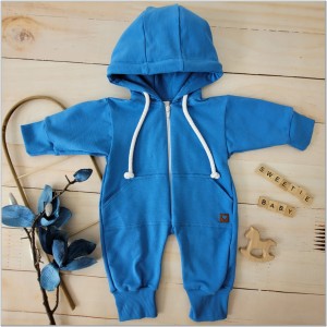 Dresowy bawełniany wiosenny, letni, jesienny kombinezon niemowlęcy. Pajac dla niemowlaka niebieski. Dres dla noworodka