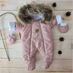 Kombinezon zimowy ocieplany kurtkowy brudny róż 56-92 z futerkiem brązowym  