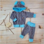 Dres niemowlęcy welurowy z uszami 56-86 szaro-turkusowy