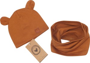 Podwójna czapka z uszkami w komplecie z kominem dla noworodka. Cynamonowy komplet dla niemowlaka. Czapka na wiosnę, lato, jesień dla noworodka.