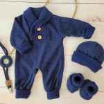 Komplet pajacyk włóczkowy + buciki + czapka granatowy ostatnie sztuki 56-86