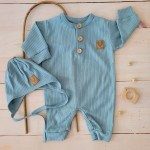 Pajacyk z guzikami + czapka wiązana komplet 2 cz morski ostatnie sztuki 50, 56, 68