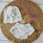 Komplet bawełniany podwójny czapka + apaszka  w kwiaty ostatnie sztuki 56-68