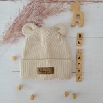 KAZUM Czapka włóczkowa bawełniana podwójna, wywijana z uszkami beż latte