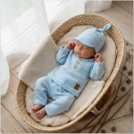 3cz muślinowy komplet koszulka + spodnie + czapka 56-86 błekitny 