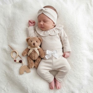 KAZUM 3 cz piękny komplet prążkowany body z kołnierzykiem+legginsy z kokardką 56-86 SAND CLOUD